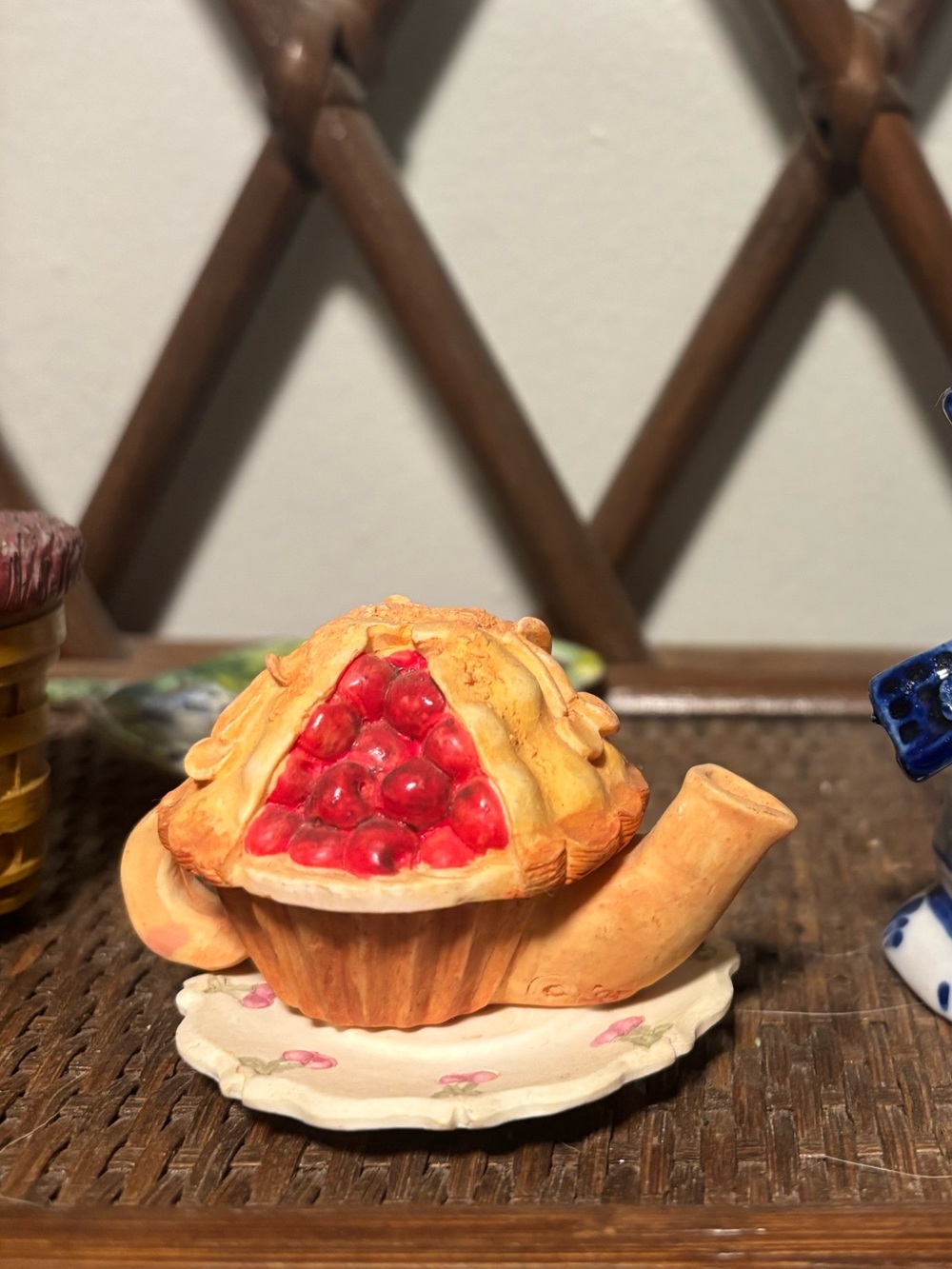 Vintage Hand-Painted Cherry Pie Teapot Figurine - Trinket